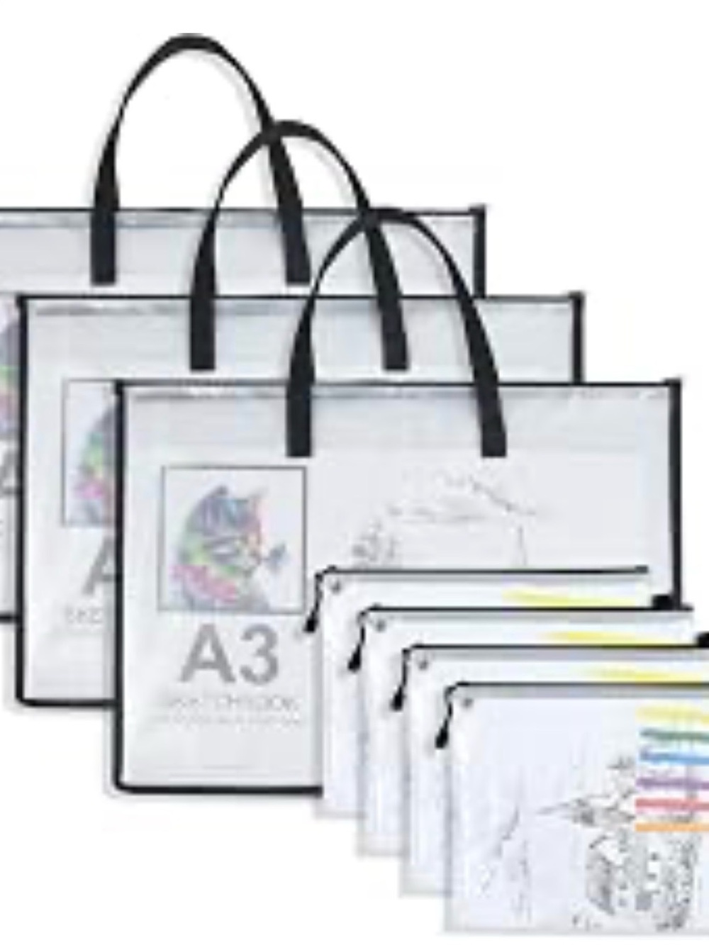 Clear A3 Art Portfolio Tote Bag with Black Handles and Zip Pouches $15 for each